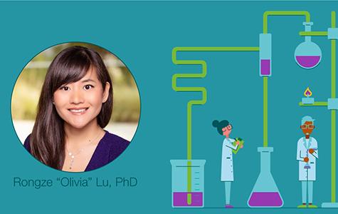 Graphic showing a headshot photo of Rongze "Olivia" Lu, PhD, next to a cartoon illustration of two scientists surrounded by beakers and flasks